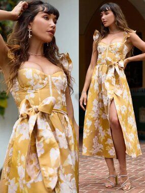 V. Chapman Vera Midi Dress Gold Baroque Floral Bow Belted Ruffled NWT Size 8